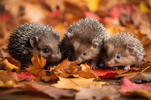 Group of baby hedgehogs climbing and playing in pile of autumn leaves created with generative ai