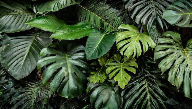 Group background of dark green tropical leaves monstera palm coconut leaf fern palm