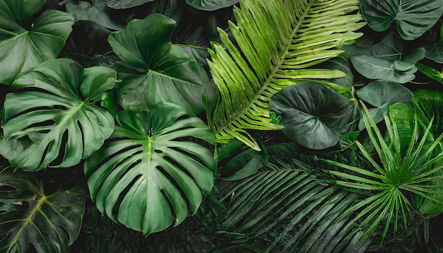 Group background of dark green tropical leaves monstera palm coconut leaf fern palm