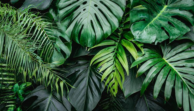 Photo group background of dark green tropical leaves monstera palm coconut leaf fern palm