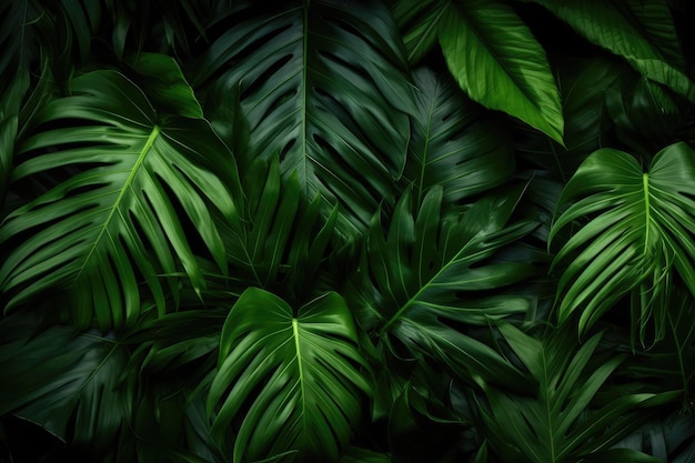 Group background of dark green tropical leaves