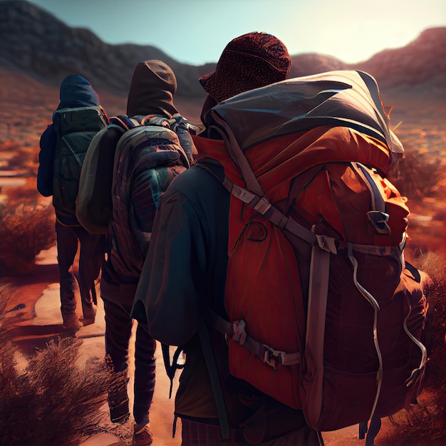 A group of backpackers hiking up a dirt road