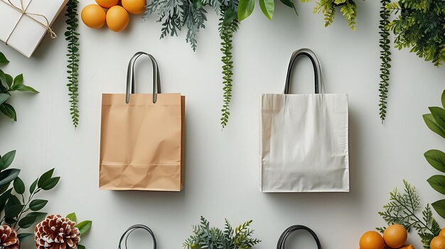 A group of bags sitting next to oranges and plants on a table with a white background and a white