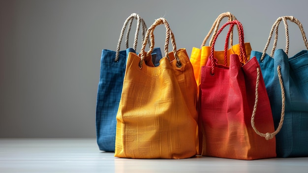 A group of bags sitting on top of a table next to each other on a table top with a rope a 3D