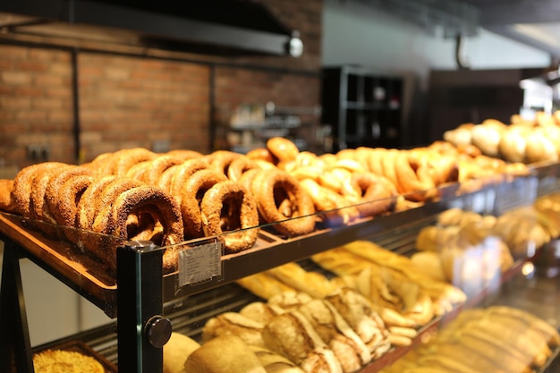 Group of bakery fresh bagel simit gevrek bread and cake in the showcase