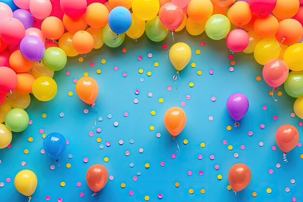 Photo a group of balloons and confetti on a blue background