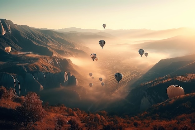 Group of balloons flying in sky over mountains in summer morning at sunrise Generative AI illustration