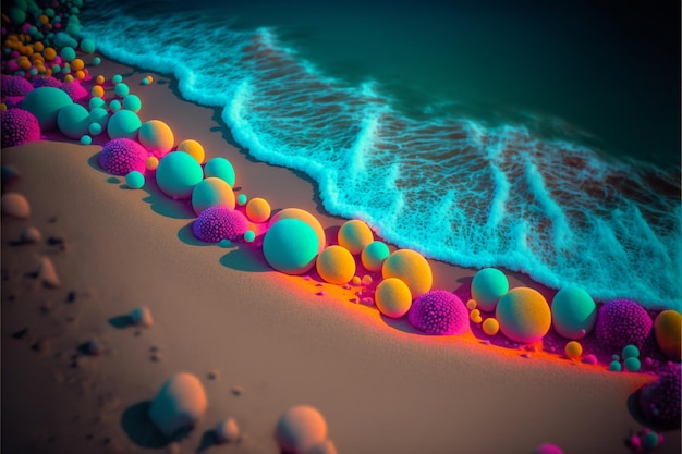 Photo group of balloons sitting on top of a sandy beach generative ai