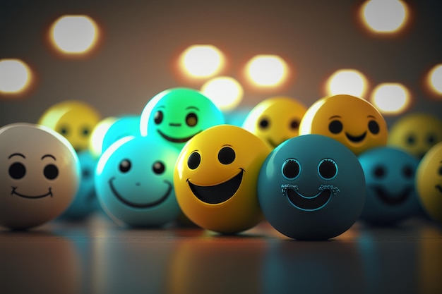 A group of balls with smiley faces and one has a smile on it.