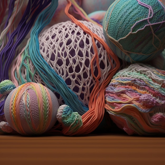 A group of balls of yarn and yarn are on a table.