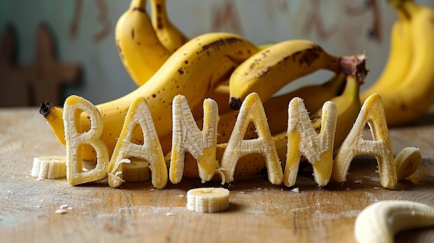 Group of Bananas on Wooden Table