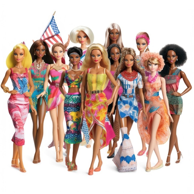 A group of barbie dolls with a flag on the top.