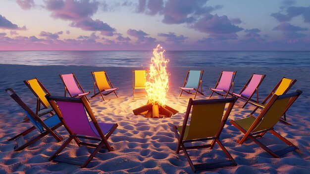 A group of beach chairs are arranged in a circle around a bonfire on the beach