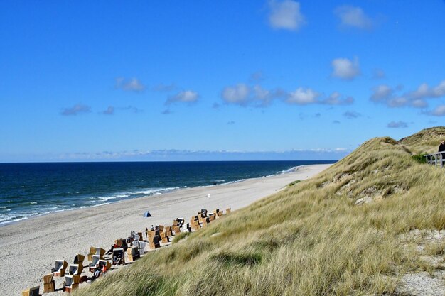 Group of beach huts on beach against sky