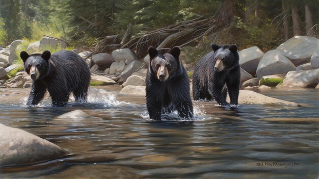 A group of bears in a river