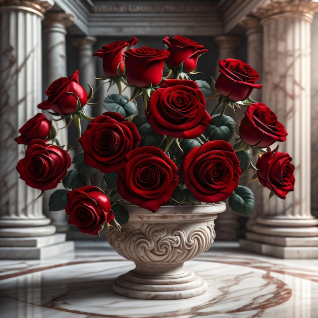 A group of beautiful red roses inside a Roman vase