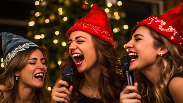 Photo group of beautiful women singing karaoke in front of christmas tree