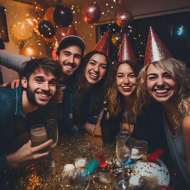 Foto un gruppo di bei giovani amici che ballano con lo champagne e celebrano la festa di capodanno con i confetti