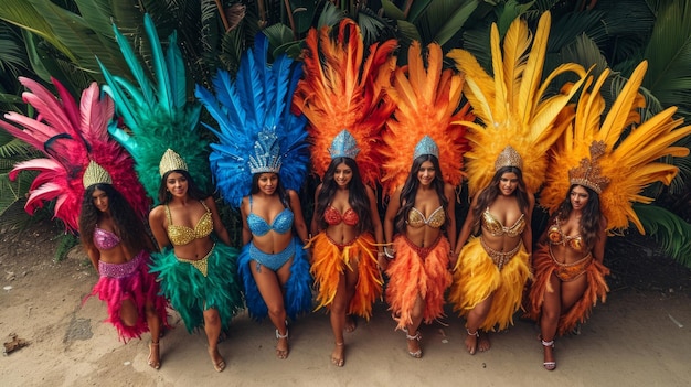 Group of beautiful young women in colorful brazilian carnival costumes