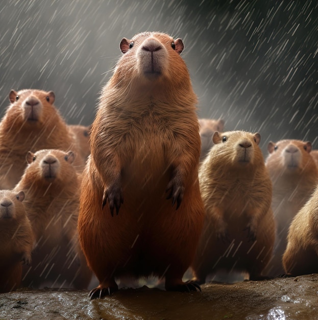 雨の中のビーバーの群れ