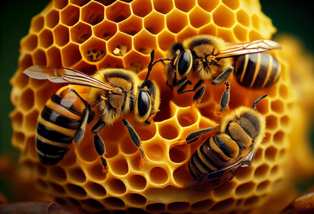 A group of bee on the honeycomb producing honey Generate Ai