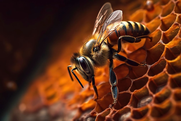 Group of bee on the honeycomb producing honey