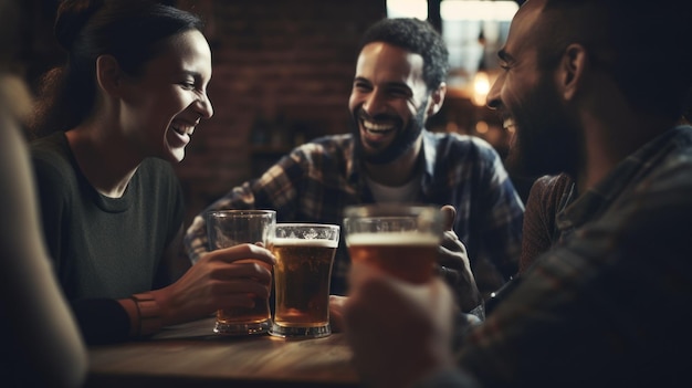 Группа друзей, пьющих пиво, веселится вместе в баре.