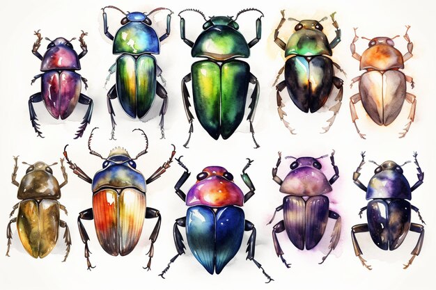 A group of beetles on a white background