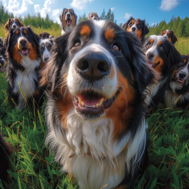 A group of Bernese Mountain Dogs in a grassy field