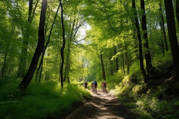 A group of bicycles with a cyclist rider at sunset on a forest road Active healthy sport hobby AI