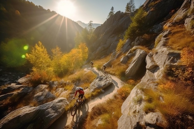 Photo a group of bicycles with a cyclist rider at sunset on a mountain road active healthy sport hobby ai generated equipped athlete on an adventure journey