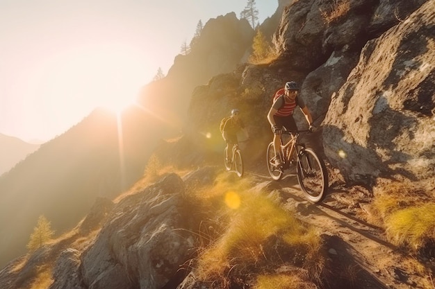 산악 도로에서 해가 지는 동안 자전거를 타는 자전거와 함께 자전거 그룹 활동 건강한 스포츠 취미 AI