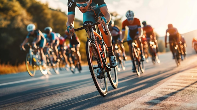 a group of bicyclists are racing down a road