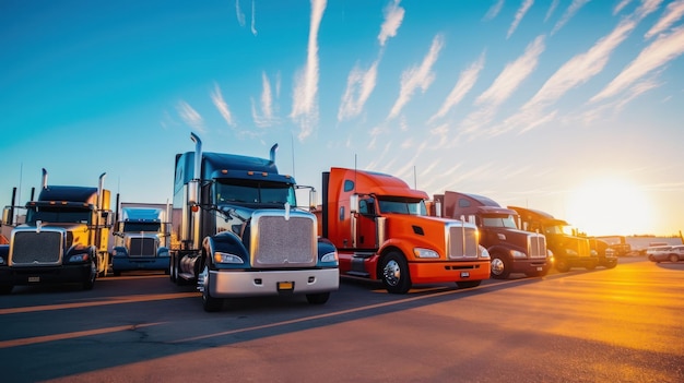 Group of big truck with different color and blue sky