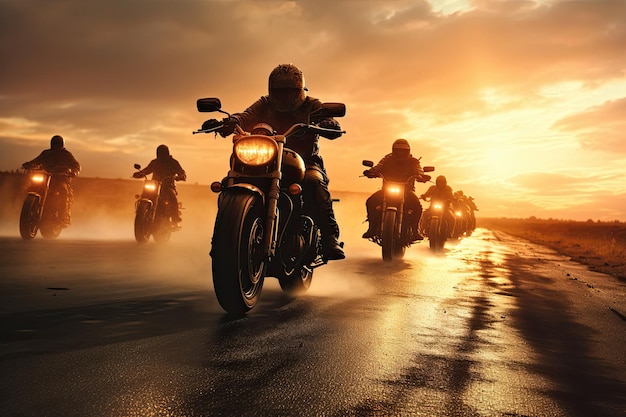 Group of bikers man riding speed motorcycle on empty motion road against beautiful golden sunset with dusky sky Motorbike riding fast and having fun driving during sunset