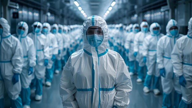 group of biomedical personnel protected by special suits to investigate biohazards Concept medicine