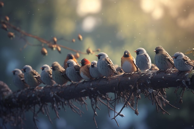 A group of birds on a branch with a light shining on them