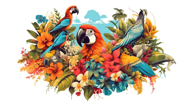 Группа птиц на цветке Generative AI Art
