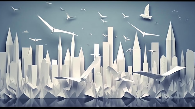 A group of birds flying over a city