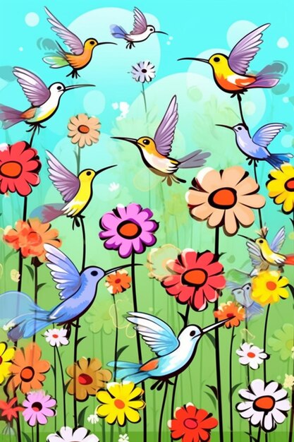 Foto un gruppo di uccelli che volano su un campo di fiori generativo ai