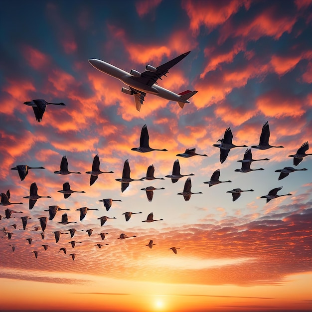 group of birds flying over the sunset