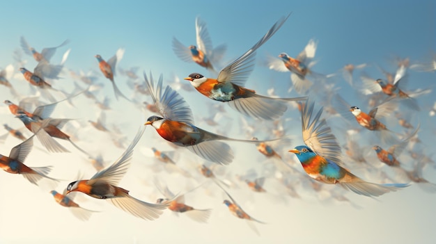 A group of birds flying through the air