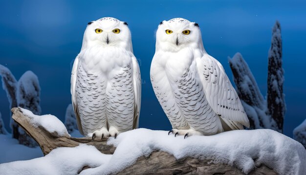 Photo group of birds of prey perched in snowy forest