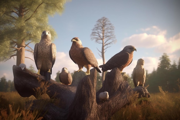 A group of birds of prey sit on a tree trunk.