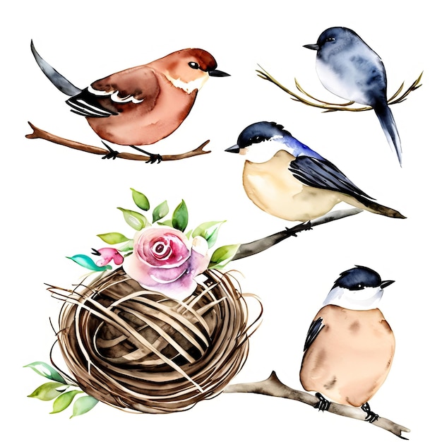Photo a group of birds sitting on a branch with a nest and a rose