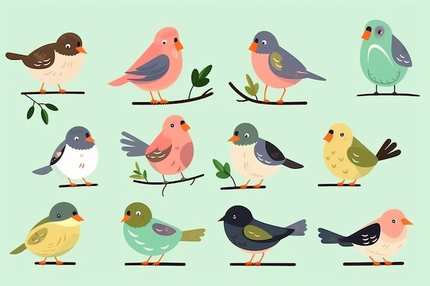 A group of birds sitting on branches with leaves and branches generative ai