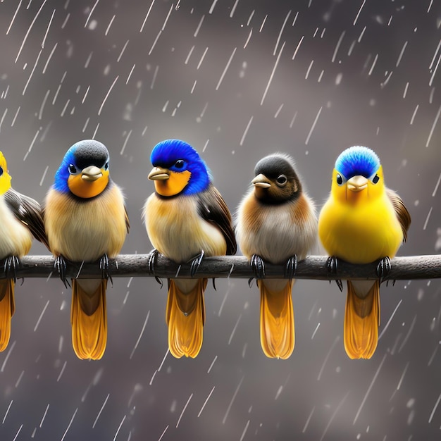 A group of birds sitting on a wire in the rain