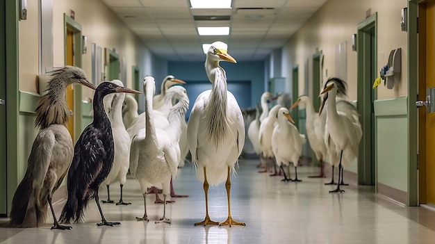 Группа птиц стоит в коридоре, одна из них белая птица.