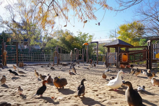 砂浜で一緒に立っている鳥の群れ 様々な動物が楽しんでいる遊び場 AI生成