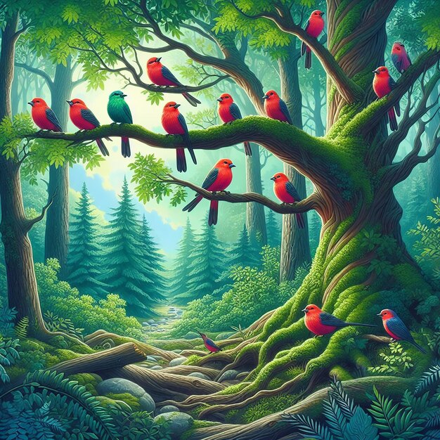 Photo a group of birds on a tree branch in a forest